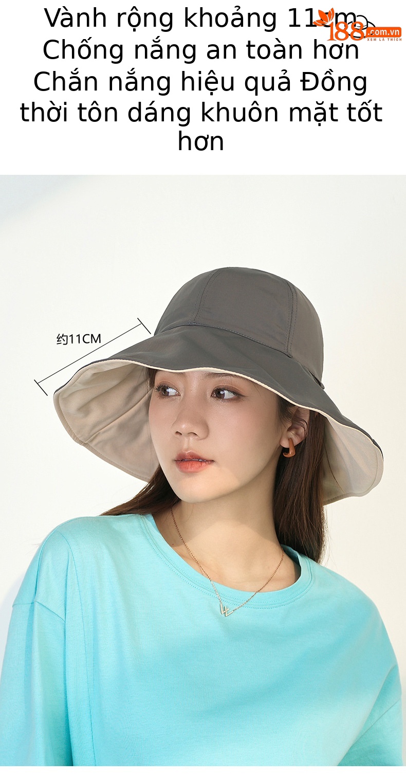 Mũ chống nắng nữ vành rộng hai mặt, chất liệu sợi mát, chống tia UV, đi biển thời trang — Tím khoai môn chi tiết 7
