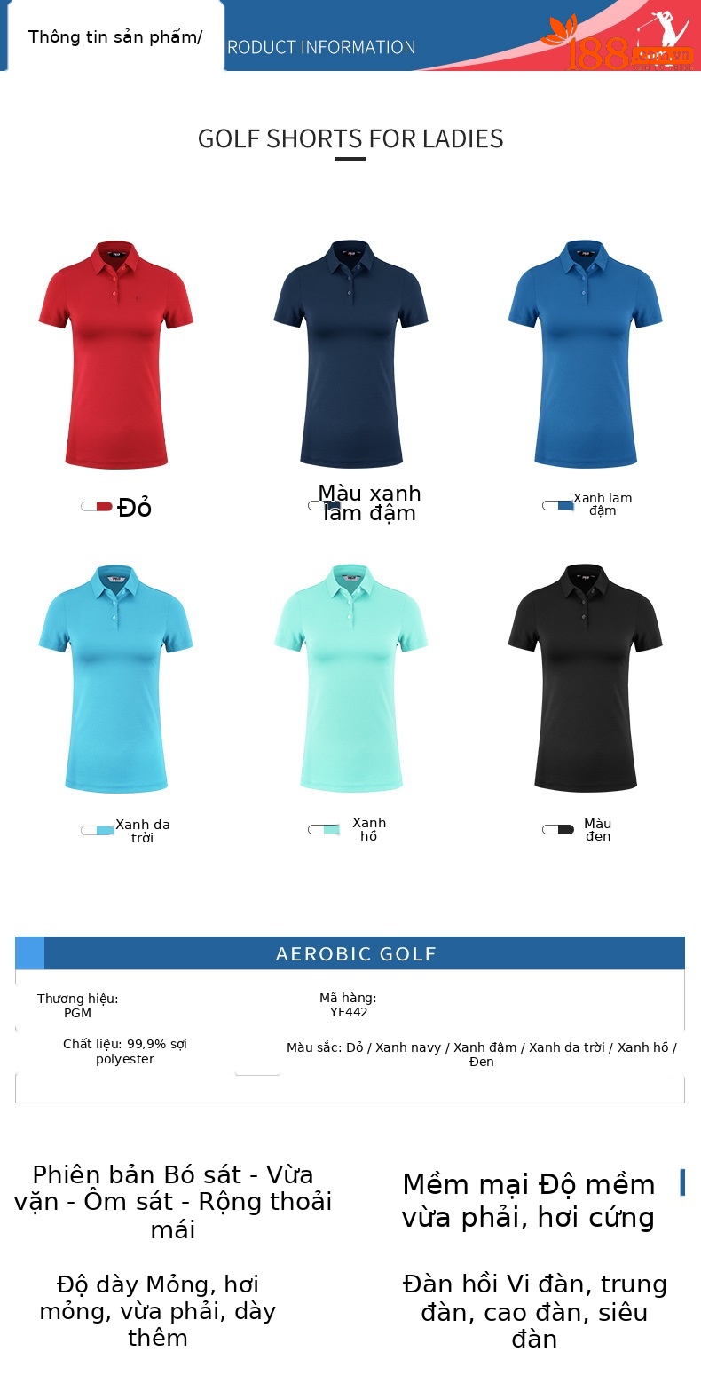 Áo thun golf nữ ngắn tay thể thao thoáng khí — YF442-màu xanh đậm, YF442-màu đỏ, YF444-màu đỏ hoa hồng, YF442-Đen chi tiết 3