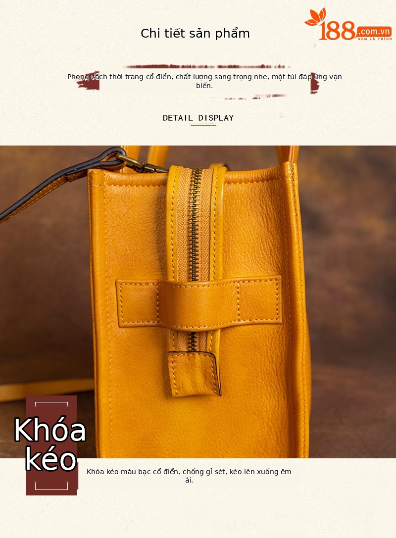 Túi xách tay nữ da bò thật dập nổi thủ công phong cách cổ điển — Nâu cổ điển, Xám cổ điển chi tiết 6