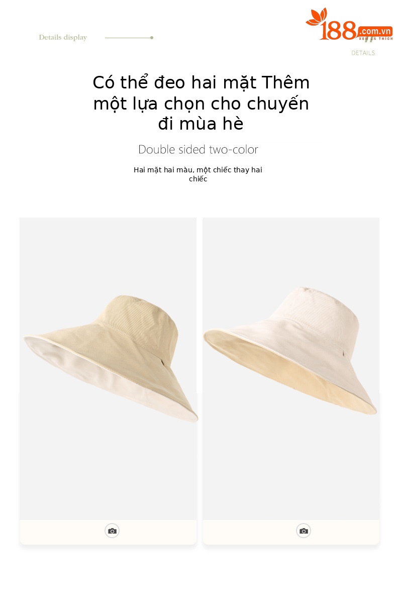 Mũ bucket chống nắng hai mặt vành rộng cho nữ, chống tia UV, gấp gọn đi biển — Kaki sâu chi tiết 3