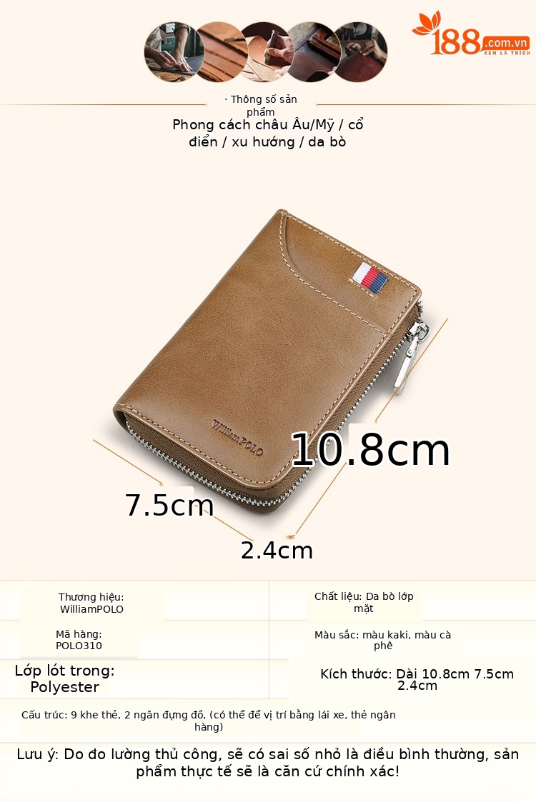 Ví card holder da bò nam nhiều ngăn thẻ đựng bằng lái xe và tiền lẻ chi tiết 7