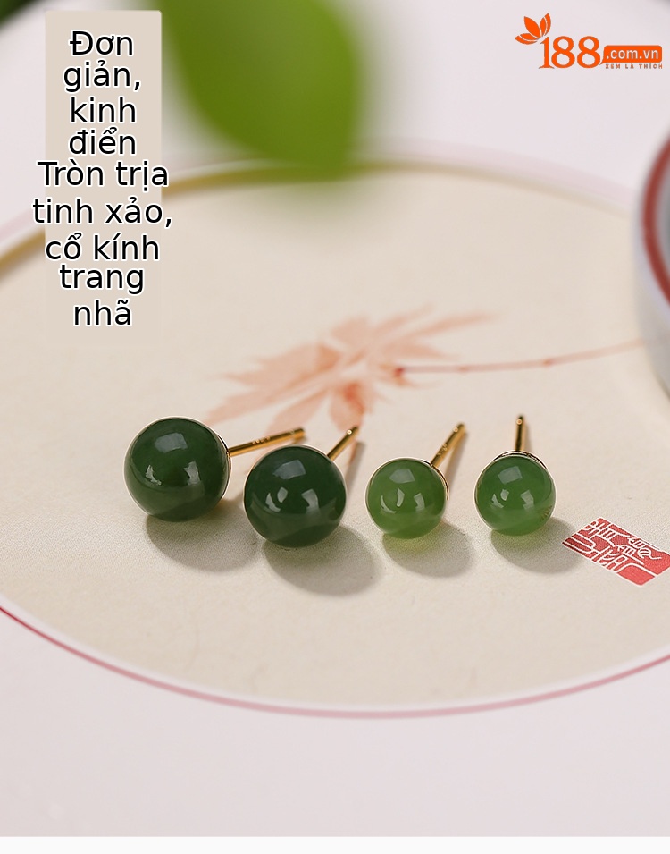 Bông tai nữ bạc S925 mạ vàng đính đá jasper thiên nhiên hạt tròn — Mẫu mạ vàng 8mm (không có đốm đen) chi tiết 1