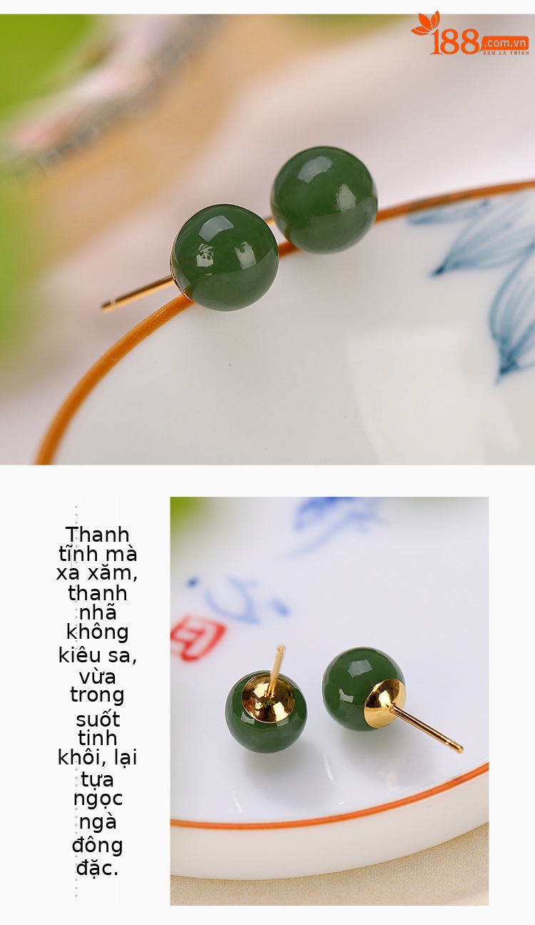 Bông tai nữ bạc S925 mạ vàng đính đá jasper thiên nhiên hạt tròn — Mẫu mạ vàng 8mm (không có đốm đen) chi tiết 3