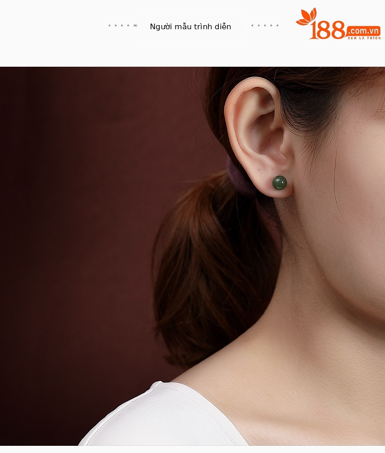 Bông tai nữ bạc S925 mạ vàng đính đá jasper thiên nhiên hạt tròn — Mẫu mạ vàng 8mm (không có đốm đen) chi tiết 5