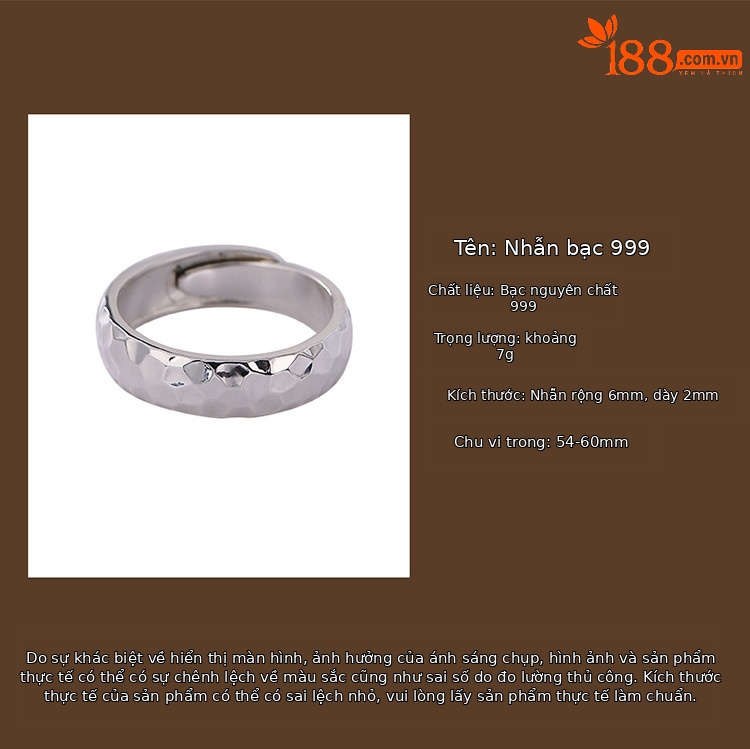 Nhẫn mở bạc S999 mặt bóng không đều, kiểu búa thủ công, phong cách cá tính unisex — Mẫu lớn (khoảng 7 gram) chi tiết 2