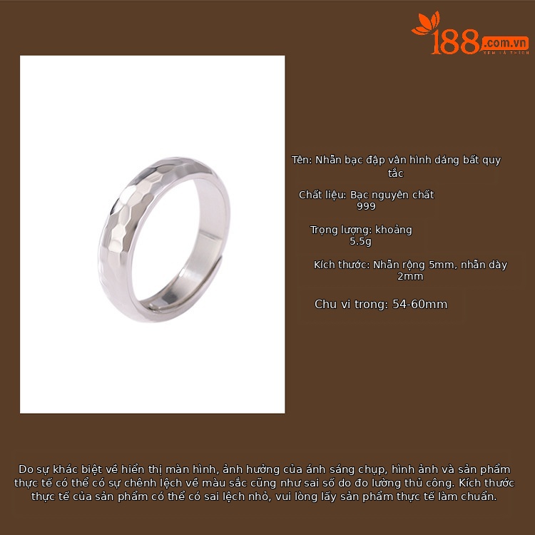 Nhẫn mở bạc S999 mặt bóng không đều, kiểu búa thủ công, phong cách cá tính unisex — Mẫu lớn (khoảng 7 gram) chi tiết 3