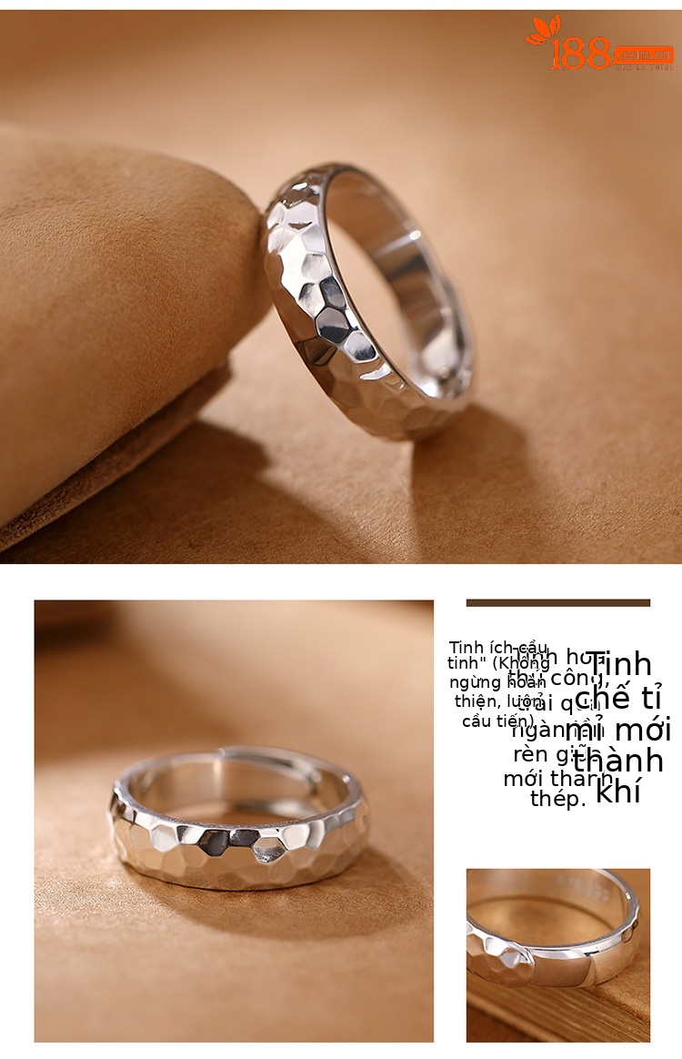 Nhẫn mở bạc S999 mặt bóng không đều, kiểu búa thủ công, phong cách cá tính unisex — Mẫu lớn (khoảng 7 gram) chi tiết 6