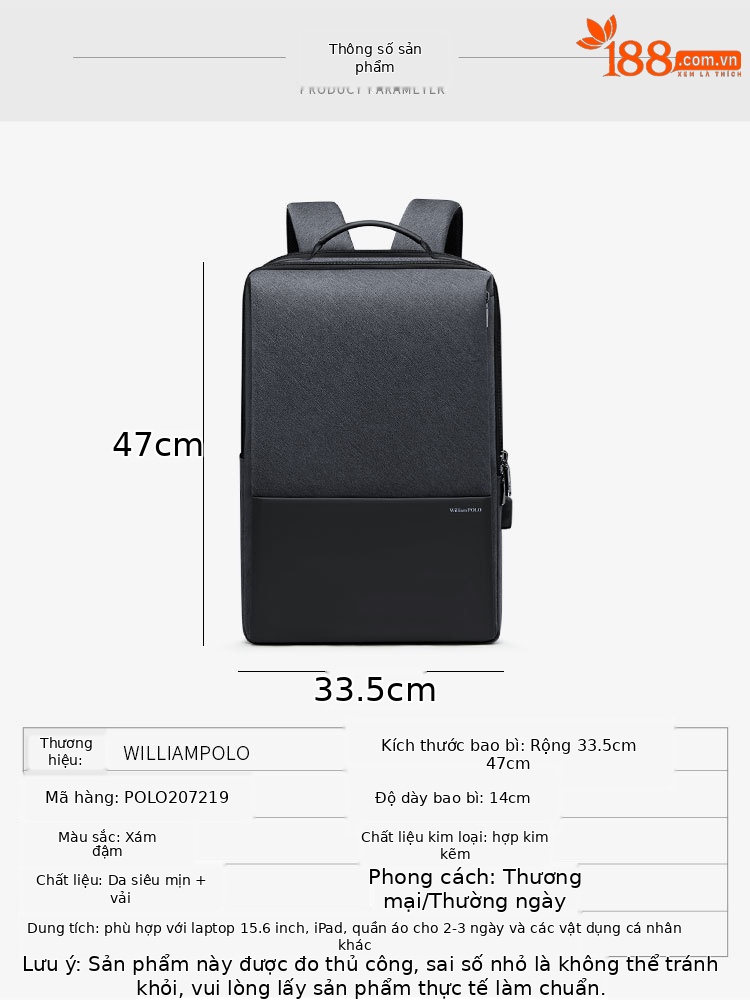 Ba lô nam chống nước đa năng Hoàng đế Paul, đựng laptop 15.6 inch chi tiết 6