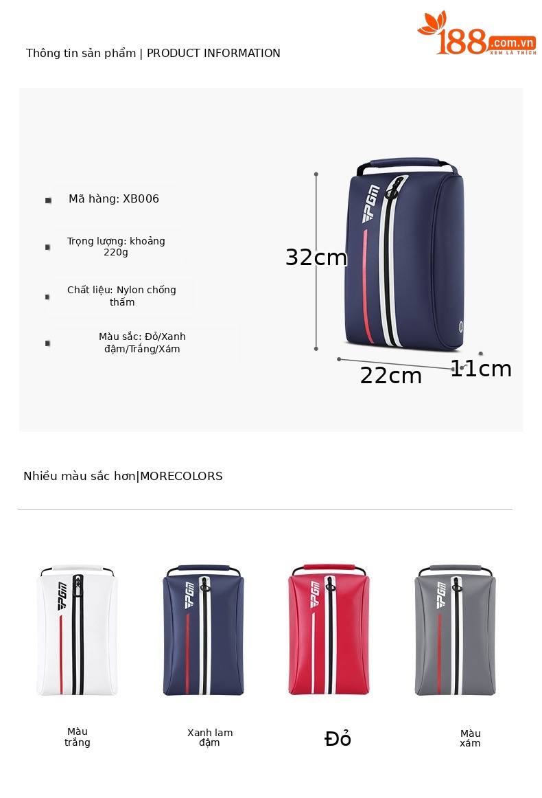 Túi đựng giày golf PGM siêu nhẹ xách tay vải nylon chống thấm 32x22x11cm — XB006-màu xanh đậm, XB006-màu đỏ, XB006-màu xám, XB006-màu trắng chi tiết 6
