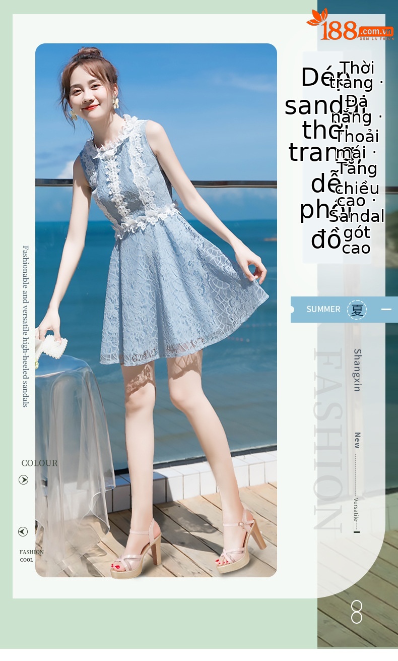 Sandal cao gót nữ hở mũi đế xuồng platform gót dày 9 cm — Màu đen, Màu súng, Màu hồng chi tiết 1