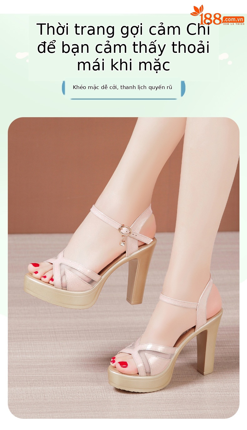 Sandal cao gót nữ hở mũi đế xuồng platform gót dày 9 cm — Màu đen, Màu súng, Màu hồng chi tiết 3