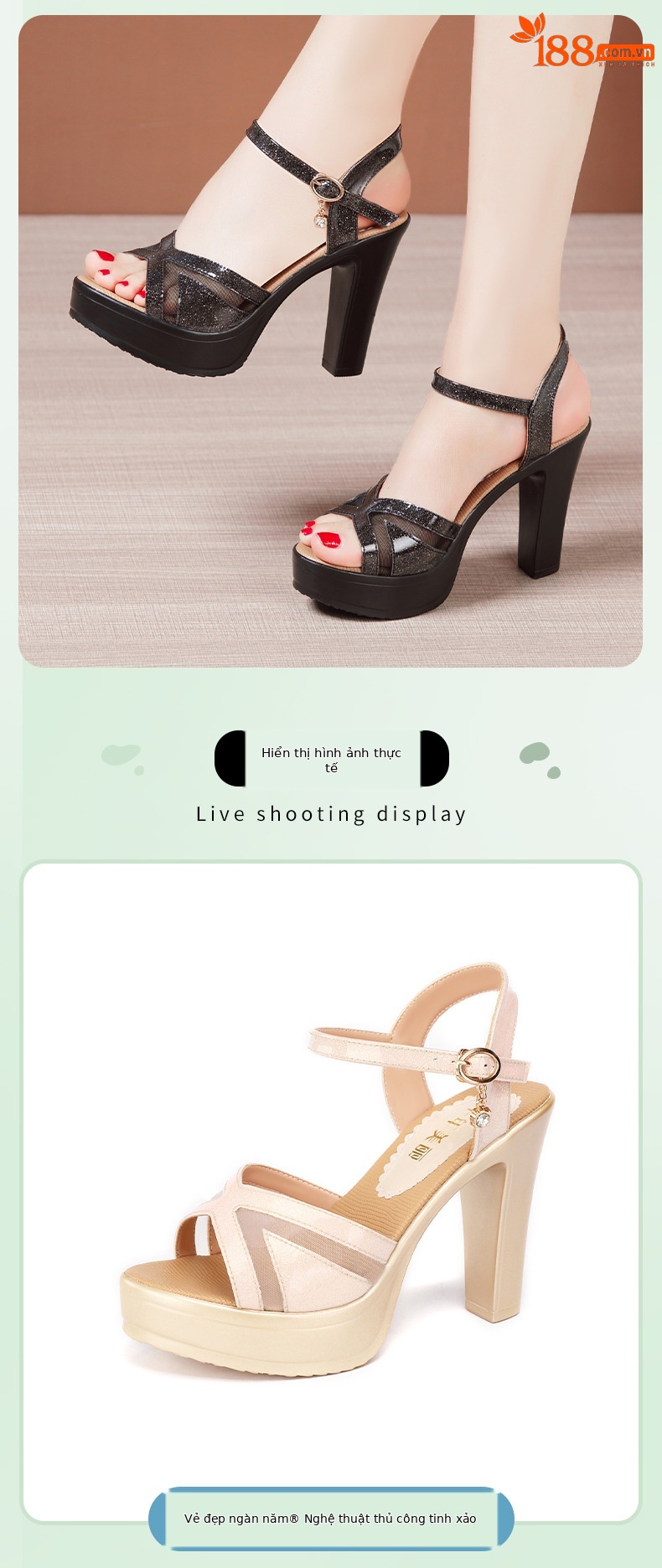 Sandal cao gót nữ hở mũi đế xuồng platform gót dày 9 cm — Màu đen, Màu súng, Màu hồng chi tiết 8