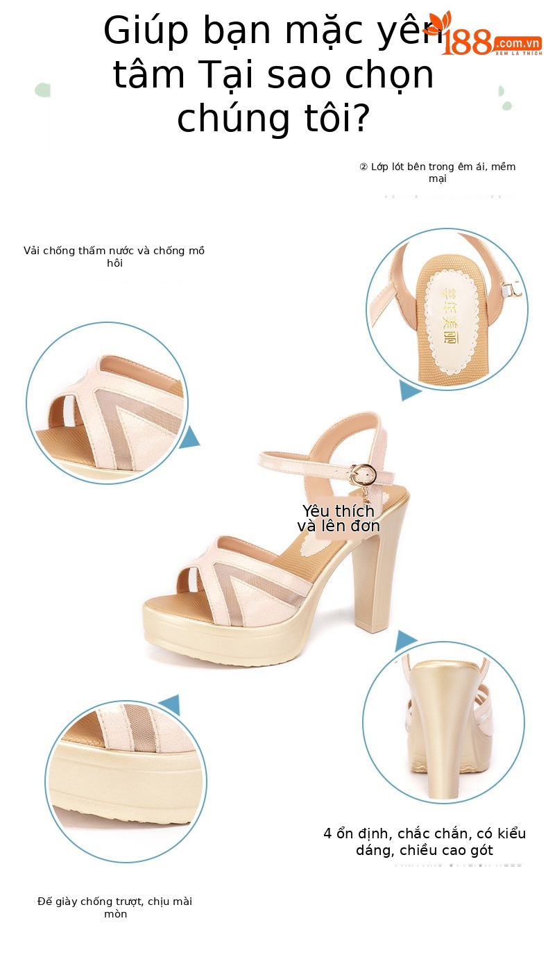 Sandal cao gót nữ hở mũi đế xuồng platform gót dày 9 cm — Màu đen, Màu súng, Màu hồng chi tiết 2
