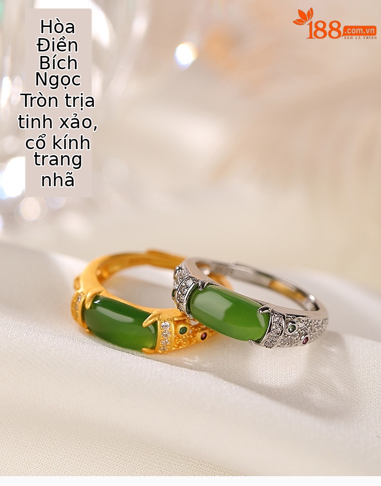 Nhẫn bạc S925 mạ vàng đính đá Hetian jasper rỗng cá tính — Kiểu mạ bạch kim, Kiểu mạ vàng chi tiết 1