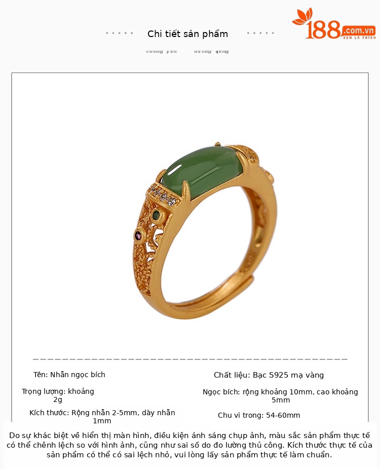 Nhẫn bạc S925 mạ vàng đính đá Hetian jasper rỗng cá tính — Kiểu mạ bạch kim, Kiểu mạ vàng chi tiết 2
