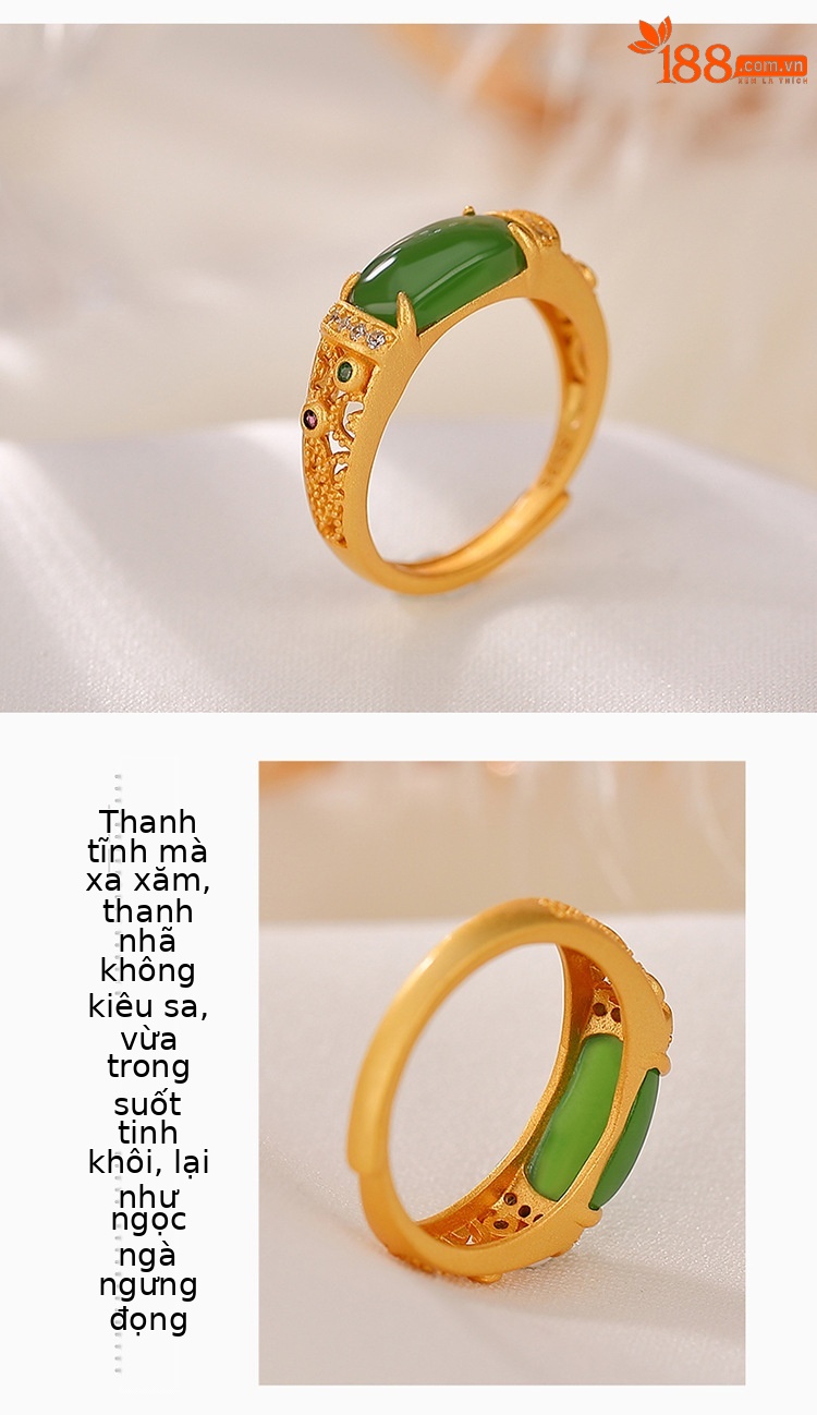 Nhẫn bạc S925 mạ vàng đính đá Hetian jasper rỗng cá tính — Kiểu mạ bạch kim, Kiểu mạ vàng chi tiết 3