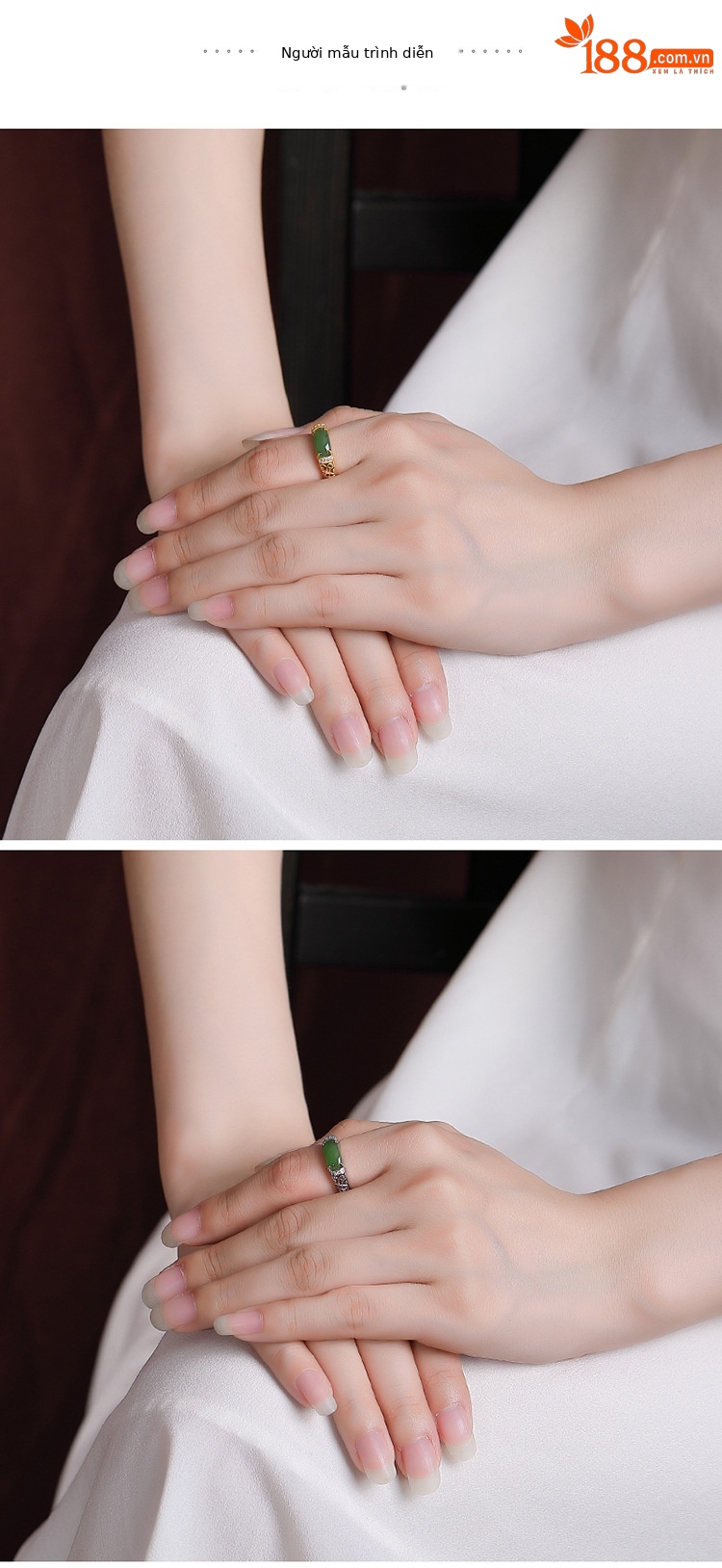 Nhẫn bạc S925 mạ vàng đính đá Hetian jasper rỗng cá tính — Kiểu mạ bạch kim, Kiểu mạ vàng chi tiết 5