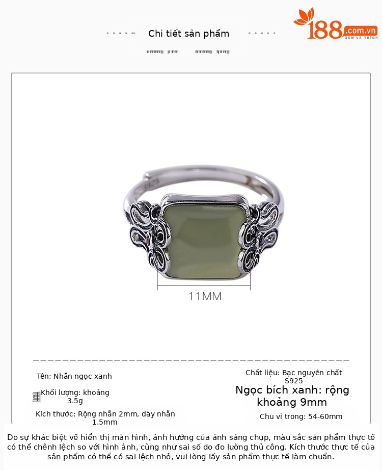 Nhẫn hở hình vuông bạc S925 đính đá sapphire tự nhiên — Mở một size chi tiết 3