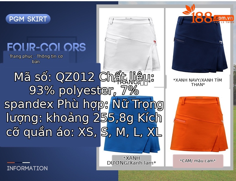 Váy golf nữ hakama dây kéo thời trang xếp ly lót an toàn — Qz012 màu cam, Qz012 màu đỏ hoa hồng, Qz012 màu trắng, QZ012 màu xanh lam chi tiết 2