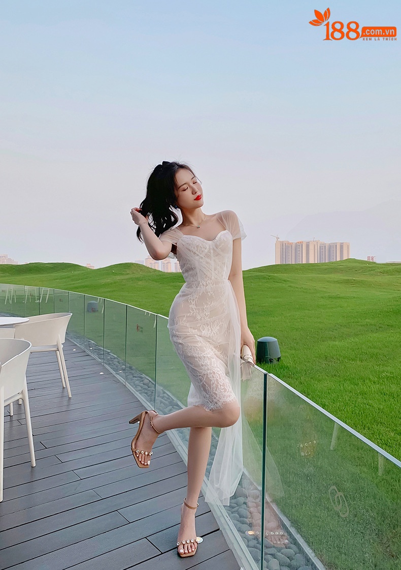 Đầm lưới cổ yếm thắt eo phong cách Pháp — Màu đen chi tiết 22