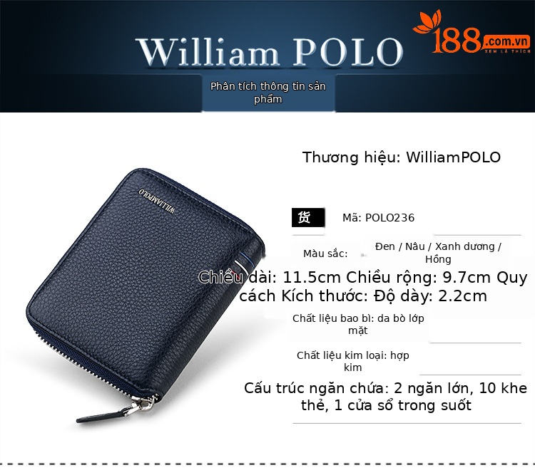 Ví nam da bò ngắn dây kéo Hoàng Đế Paul chi tiết 2