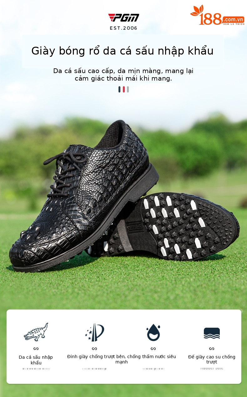 Giày golf nam da cá sấu không thấm nước đế đinh dẻo — XZ204-Đen chi tiết 2