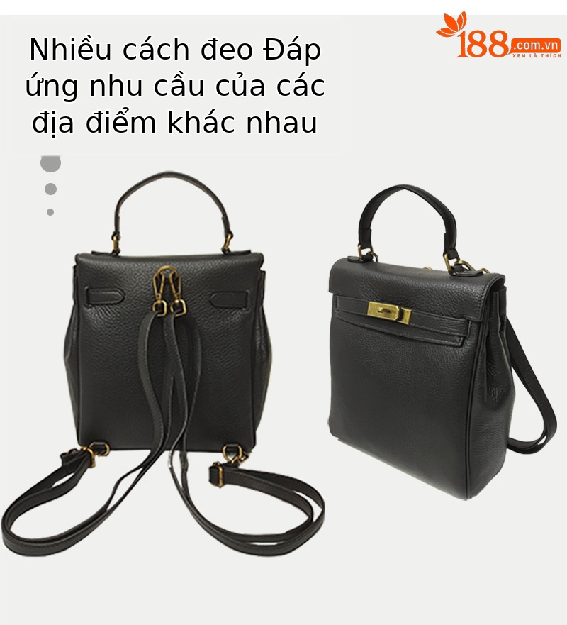 Ba lô nữ mini da bò thật họa tiết vải thiều — Màu xanh lam, Màu đen chi tiết 2