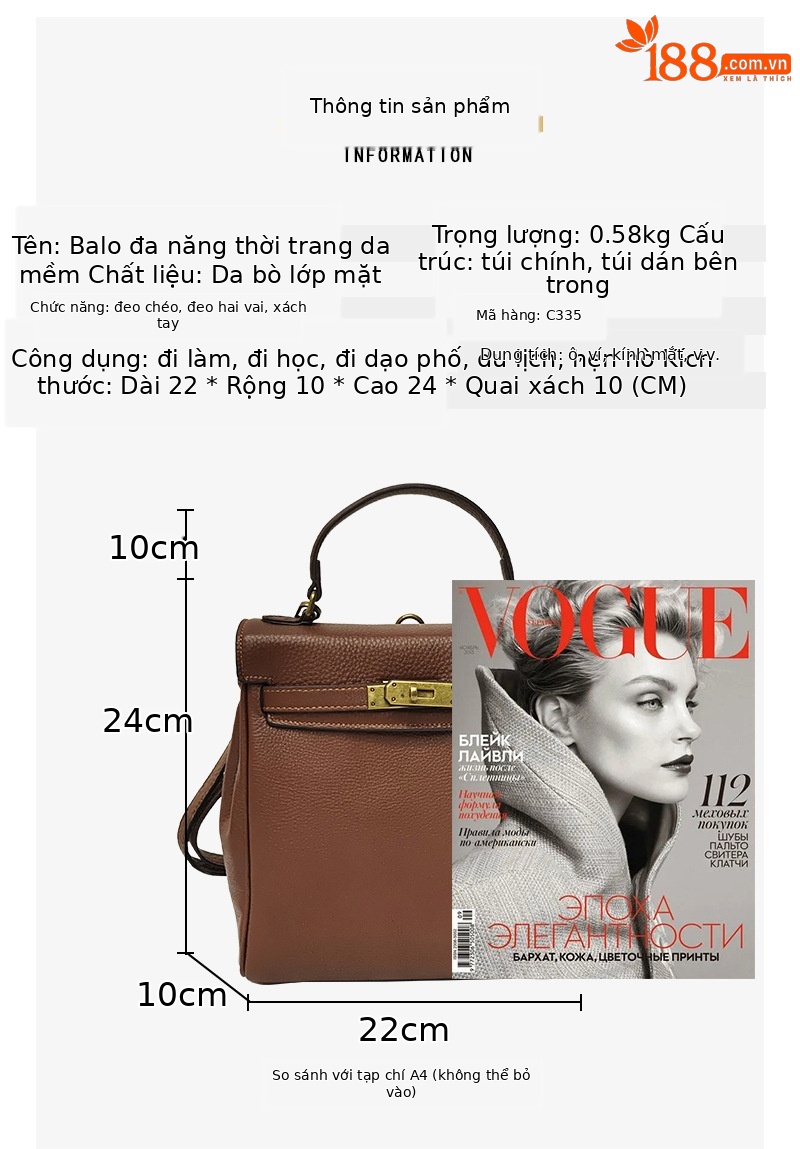 Ba lô nữ mini da bò thật họa tiết vải thiều — Màu xanh lam, Màu đen chi tiết 7