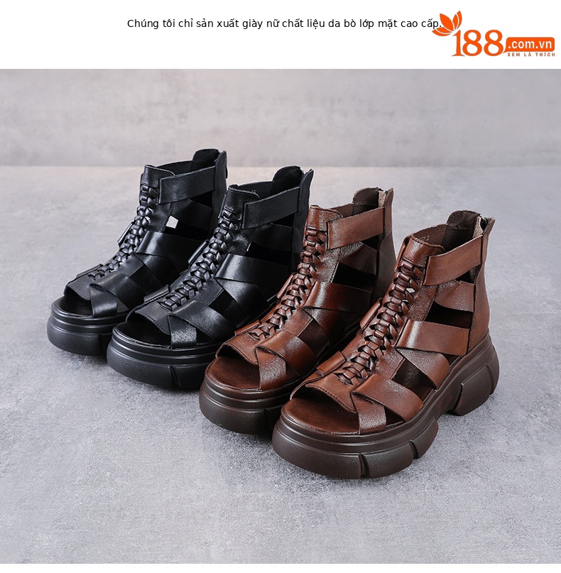 Sandal miệng cá đế bệt da bò thật cho nữ – phong cách La Mã cổ điển — Màu nâu chi tiết 2