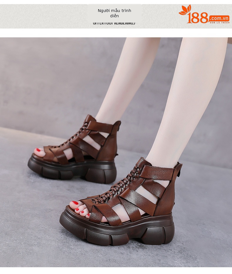 Sandal miệng cá đế bệt da bò thật cho nữ – phong cách La Mã cổ điển — Màu nâu chi tiết 8