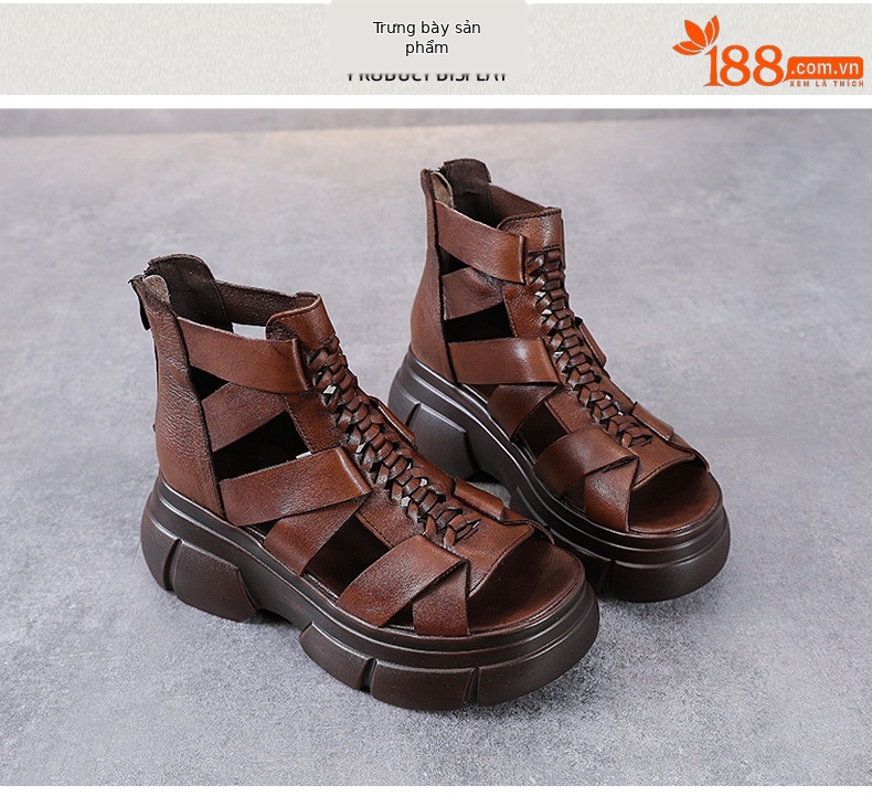 Sandal miệng cá đế bệt da bò thật cho nữ – phong cách La Mã cổ điển — Màu nâu chi tiết 9