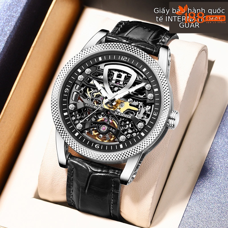 Đồng hồ nam Automatic Skeleton lộ máy phát quang chống nước Hymer — Thắt lưng cà phê mặt đen vỏ hồng, Vỏ đen mặt đen Thắt lưng đen, Vỏ Bạc mặt đen đai đen