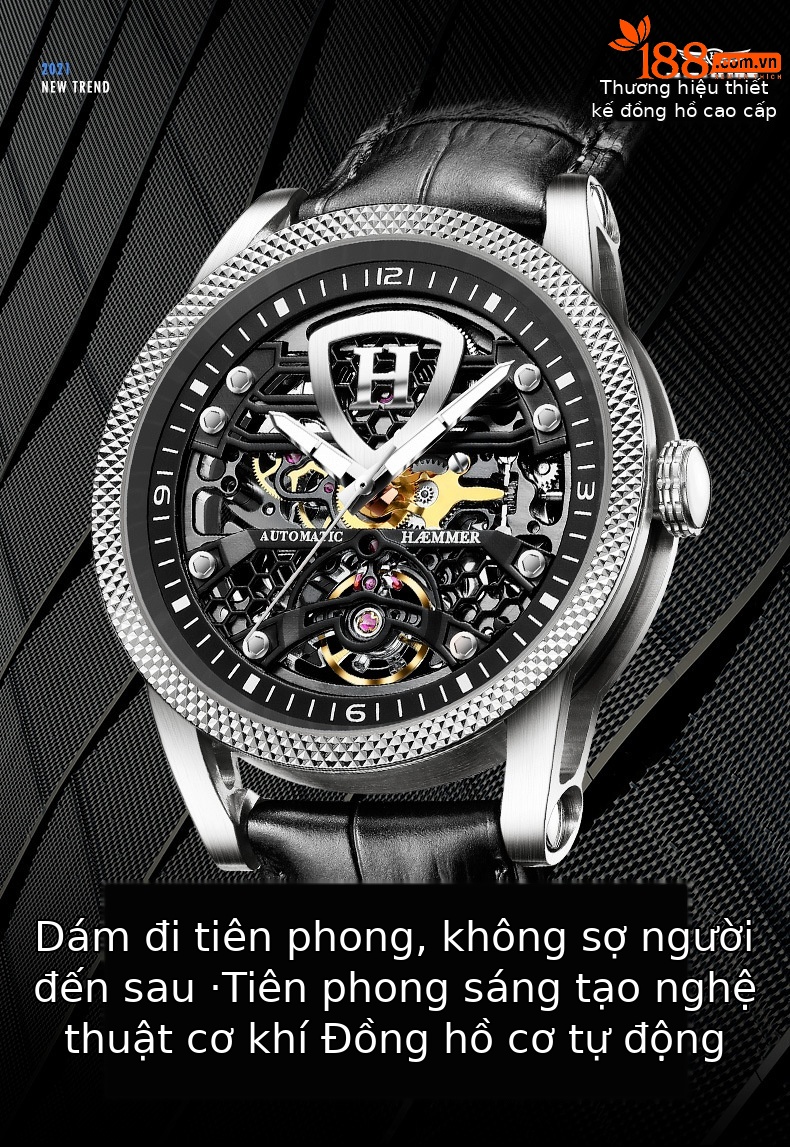 Đồng hồ nam Automatic Skeleton lộ máy phát quang chống nước Hymer — Thắt lưng cà phê mặt đen vỏ hồng, Vỏ đen mặt đen Thắt lưng đen, Vỏ Bạc mặt đen đai đen chi tiết 1