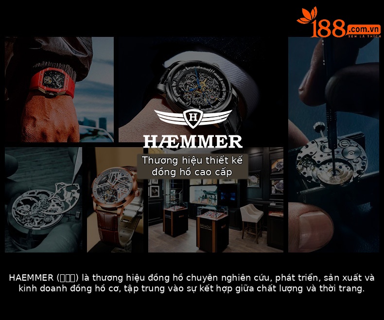 Đồng hồ nam Automatic Skeleton lộ máy phát quang chống nước Hymer — Thắt lưng cà phê mặt đen vỏ hồng, Vỏ đen mặt đen Thắt lưng đen, Vỏ Bạc mặt đen đai đen chi tiết 2