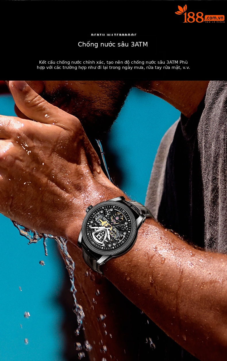 Đồng hồ nam Automatic Skeleton lộ máy phát quang chống nước Hymer — Thắt lưng cà phê mặt đen vỏ hồng, Vỏ đen mặt đen Thắt lưng đen, Vỏ Bạc mặt đen đai đen chi tiết 3