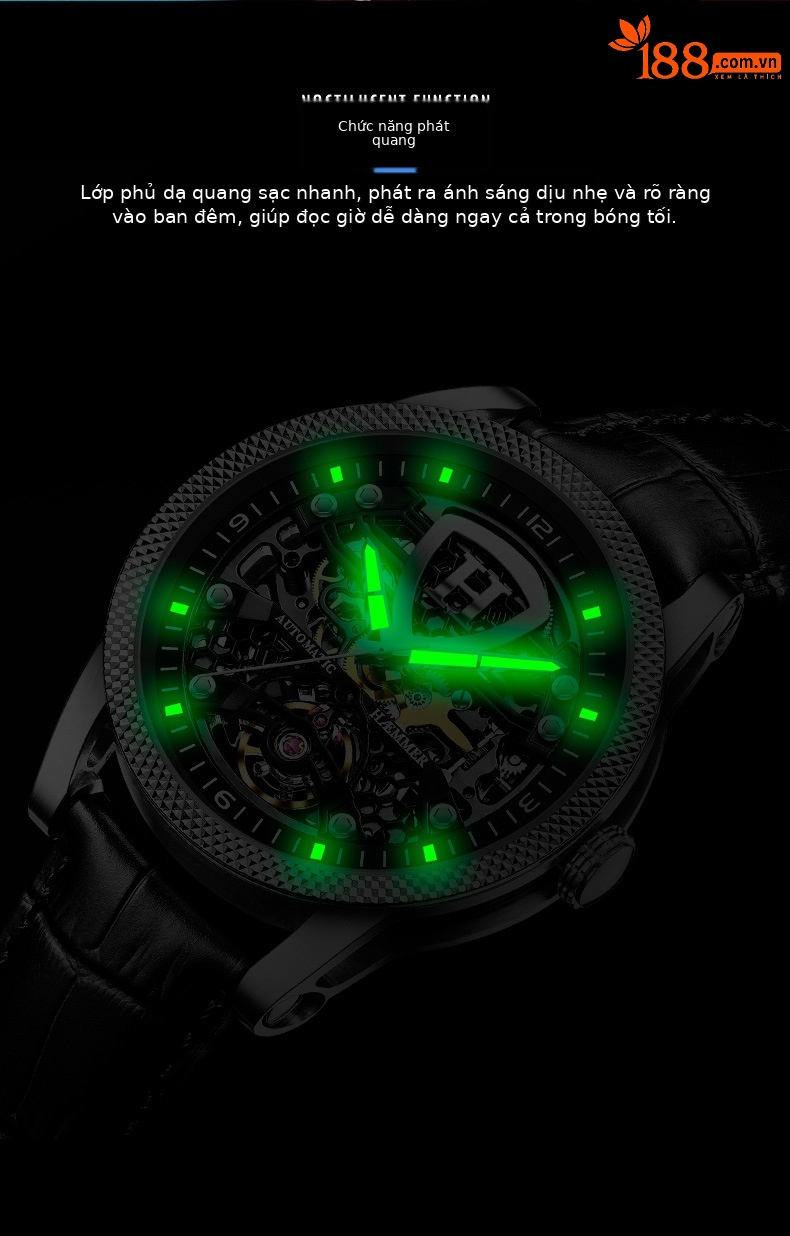 Đồng hồ nam Automatic Skeleton lộ máy phát quang chống nước Hymer — Thắt lưng cà phê mặt đen vỏ hồng, Vỏ đen mặt đen Thắt lưng đen, Vỏ Bạc mặt đen đai đen chi tiết 4