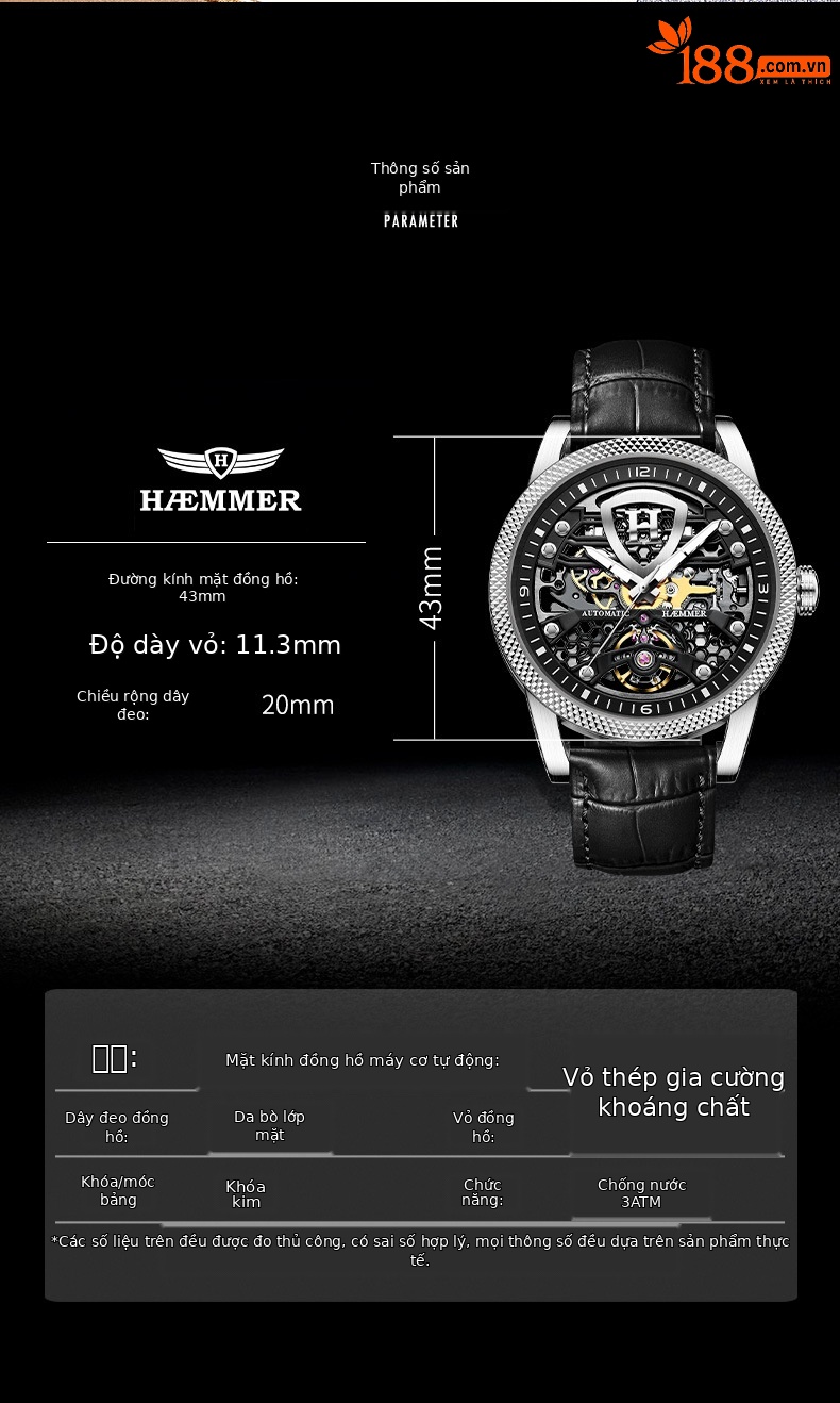 Đồng hồ nam Automatic Skeleton lộ máy phát quang chống nước Hymer — Thắt lưng cà phê mặt đen vỏ hồng, Vỏ đen mặt đen Thắt lưng đen, Vỏ Bạc mặt đen đai đen chi tiết 6