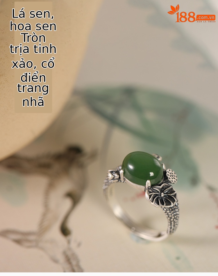 Nhẫn nữ bạc S925 đính ngọc bích và đá jasper phong cách hoa sen — Mở một size chi tiết 1