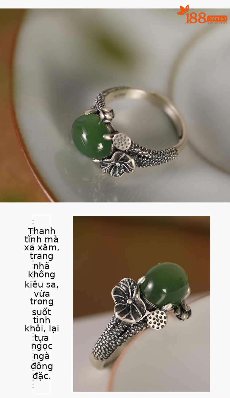 Nhẫn nữ bạc S925 đính ngọc bích và đá jasper phong cách hoa sen — Mở một size chi tiết 3