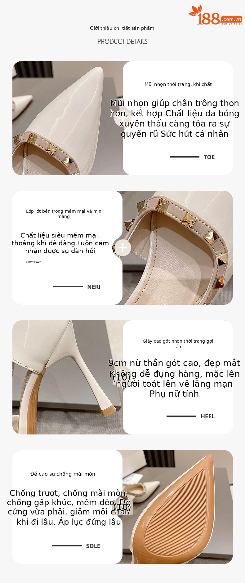 Sandal cao gót mũi nhọn gợi cảm kiểu Pháp, gót 9 cm — Màu trắng gạo 9CM chi tiết 1