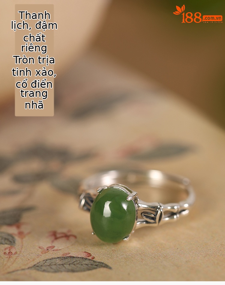 Nhẫn nữ bạc S925 đính ngọc bích Hòa Điền phối lá tre rỗng — Mở một size chi tiết 1