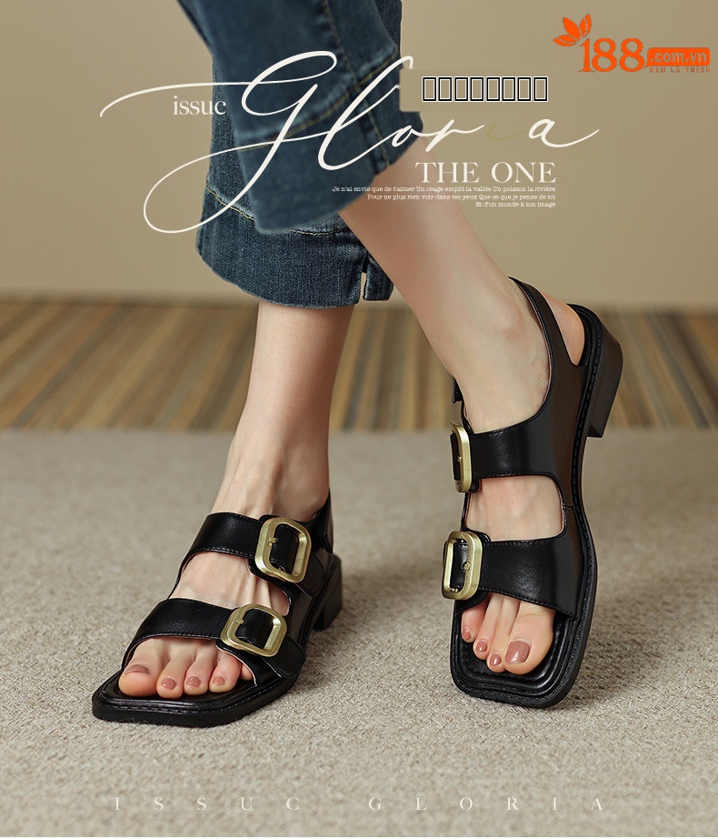 Sandal hở mũi nữ quai ngang đế thấp phong cách La Mã cổ điển, da bò màu nâu — Màu nâu chi tiết 1
