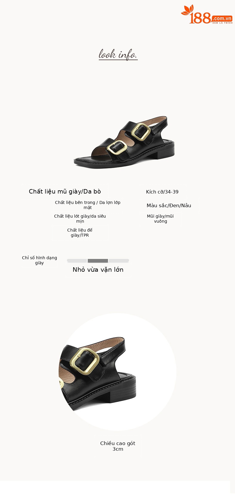 Sandal hở mũi nữ quai ngang đế thấp phong cách La Mã cổ điển, da bò màu nâu — Màu nâu chi tiết 5