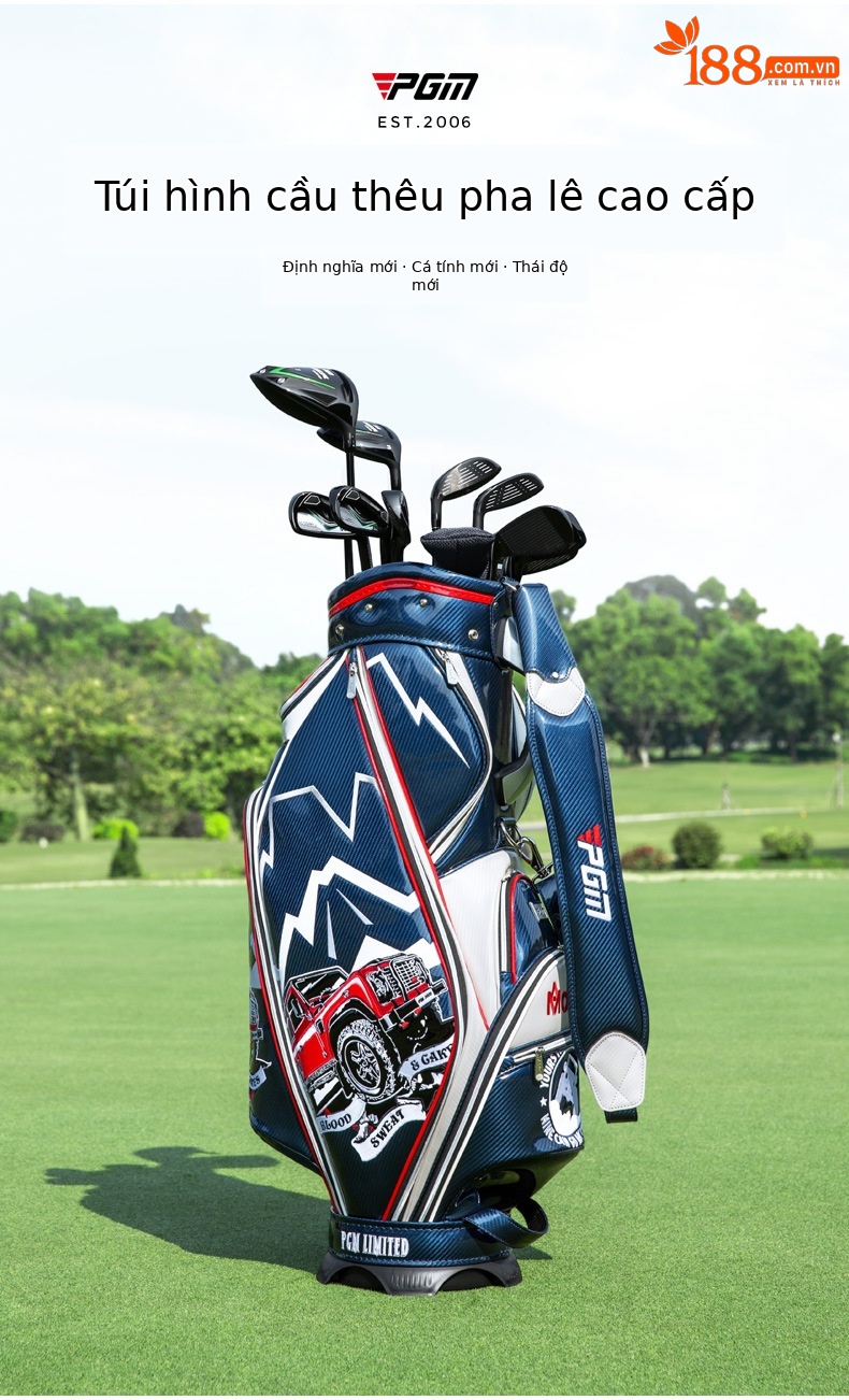 Túi golf PGM da pha lê thêu chống nước, nhẹ, đựng 13 gậy — Đen đỏ-đầu lâu, Xe đạp leo núi màu xanh trắng chi tiết 2