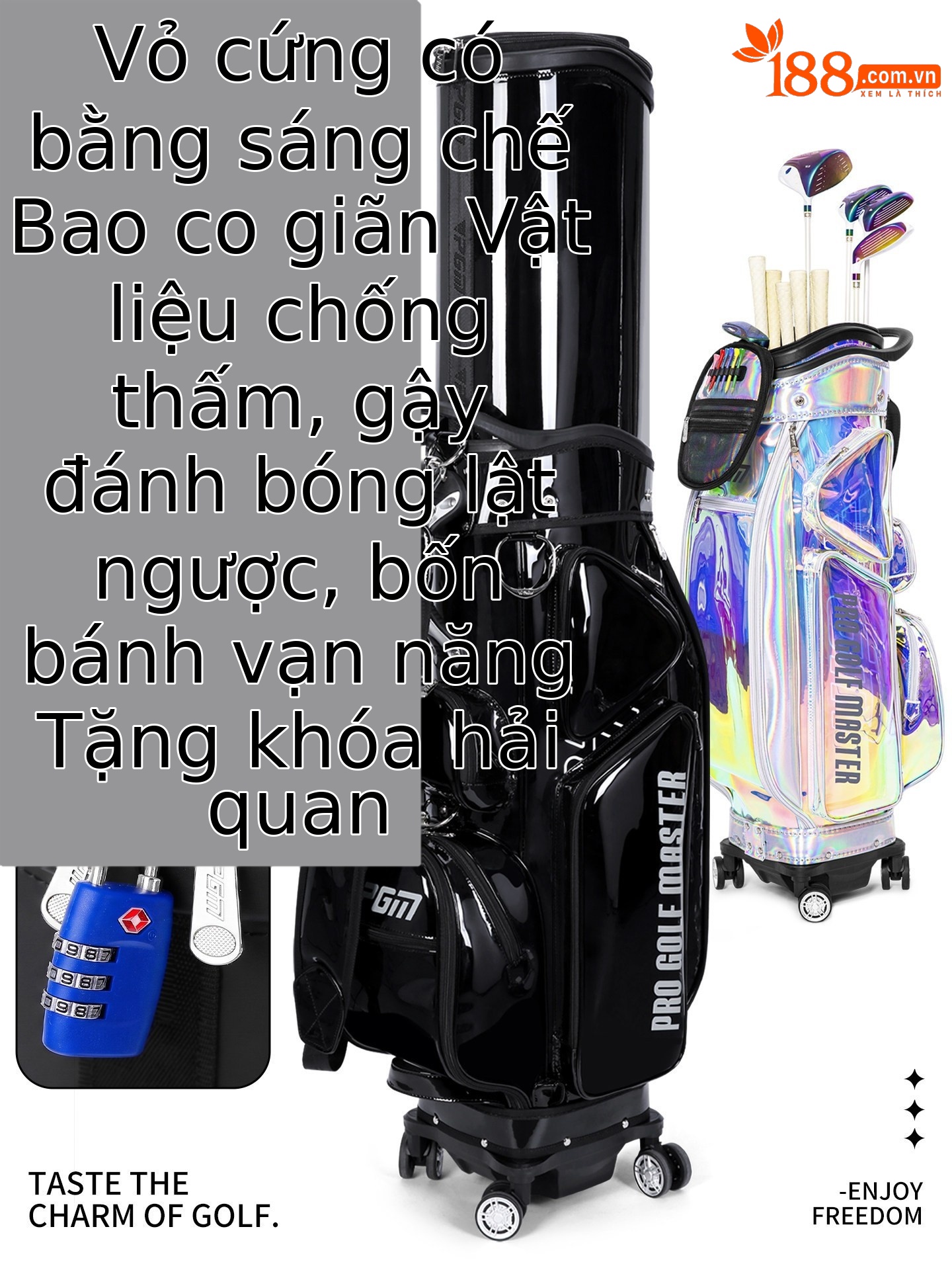 Túi golf PGM bảy màu chống nước bốn bánh đẩy phẳng kính thiên văn — QB122-bảy màu, QB122-Màu đen