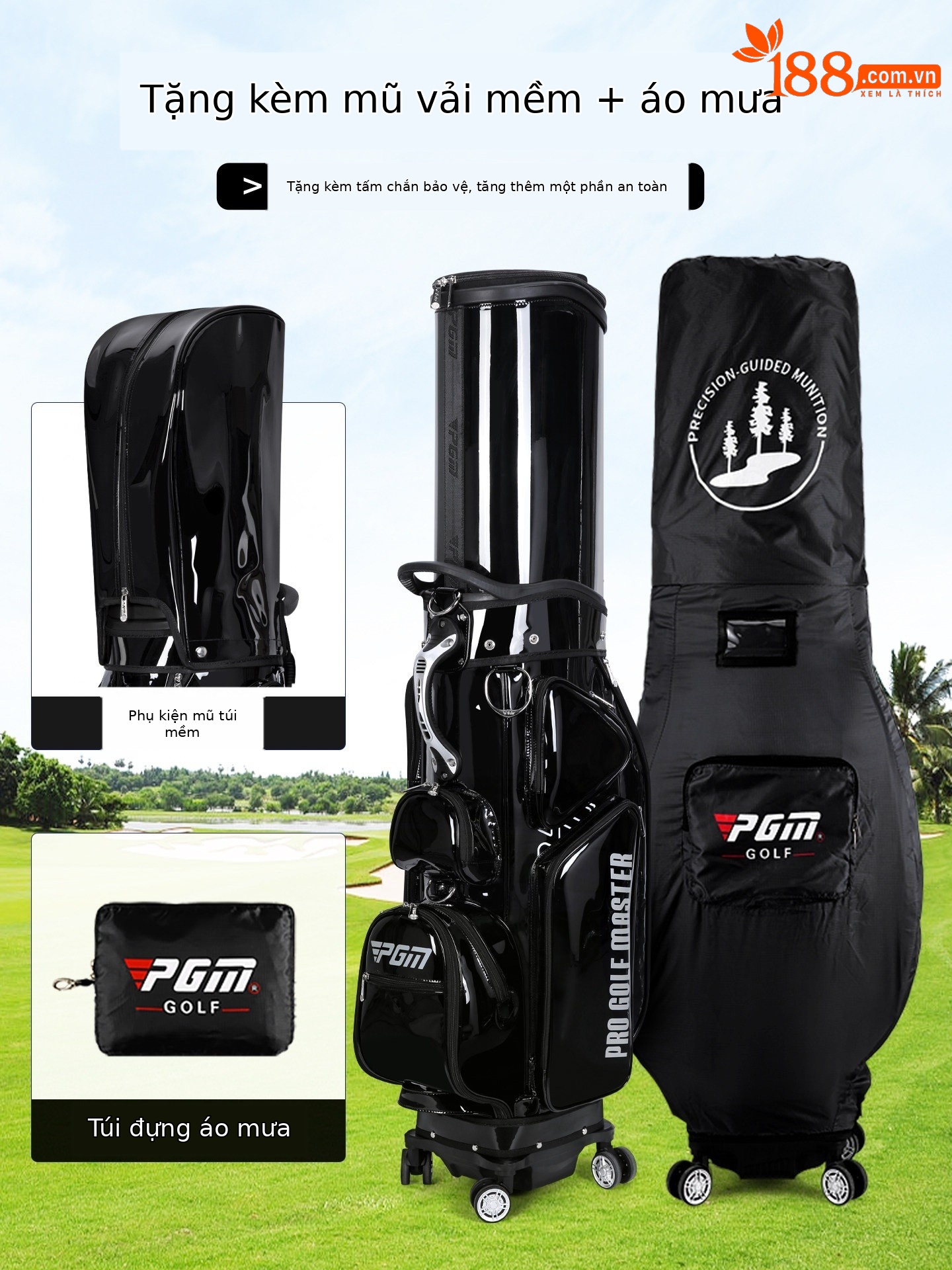 Túi golf PGM bảy màu chống nước bốn bánh đẩy phẳng kính thiên văn — QB122-bảy màu, QB122-Màu đen