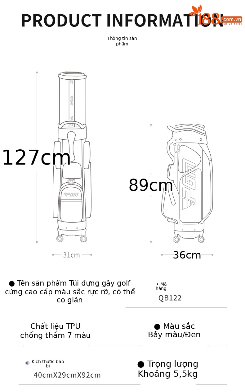 Túi golf PGM bảy màu chống nước bốn bánh đẩy phẳng kính thiên văn — QB122-bảy màu, QB122-Màu đen chi tiết 14
