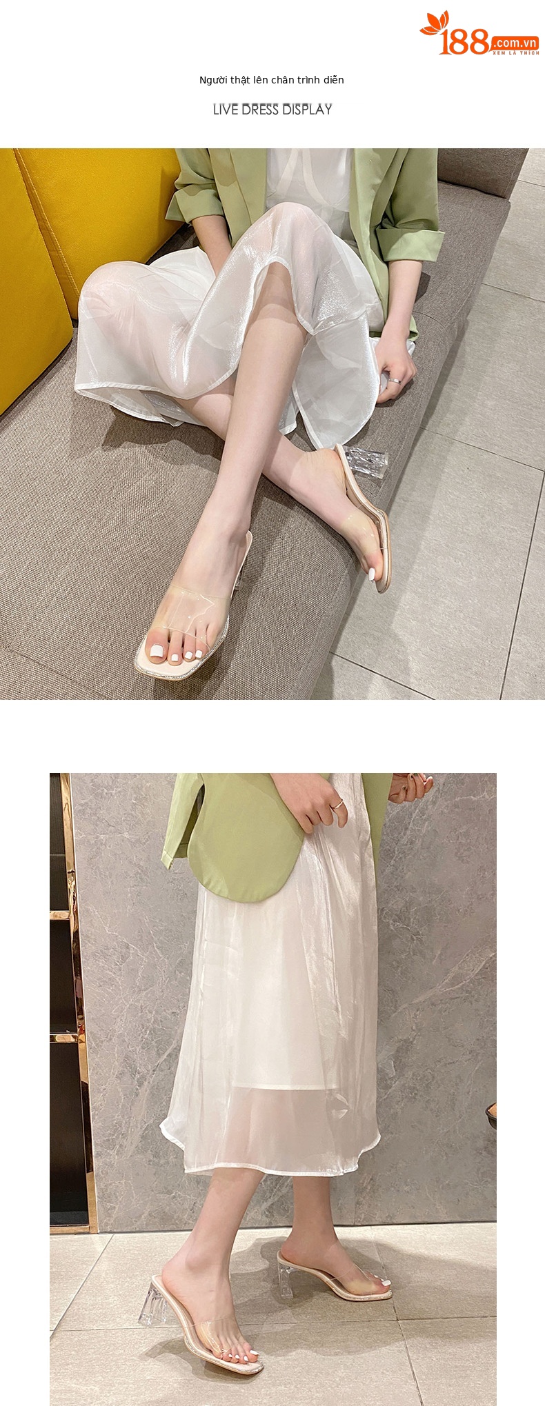 Sandal cao gót nữ mũi vuông quai ngang trong suốt — Màu trắng be chi tiết 2