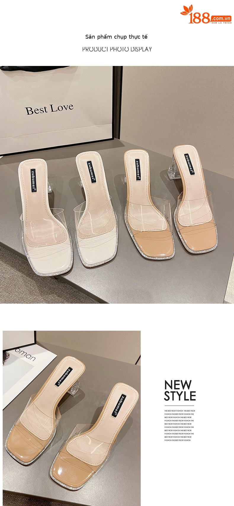 Sandal cao gót nữ mũi vuông quai ngang trong suốt — Màu trắng be chi tiết 6