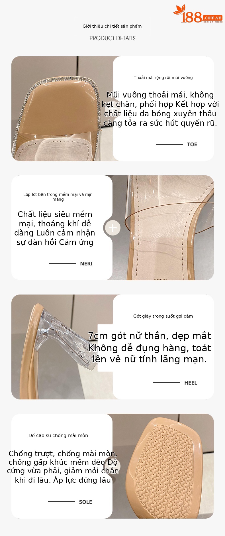Sandal cao gót nữ mũi vuông quai ngang trong suốt — Màu trắng be chi tiết 1